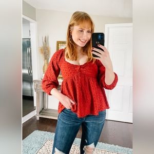 American Eagle Outfitters Red Lace Peasant Long Sleeve Top